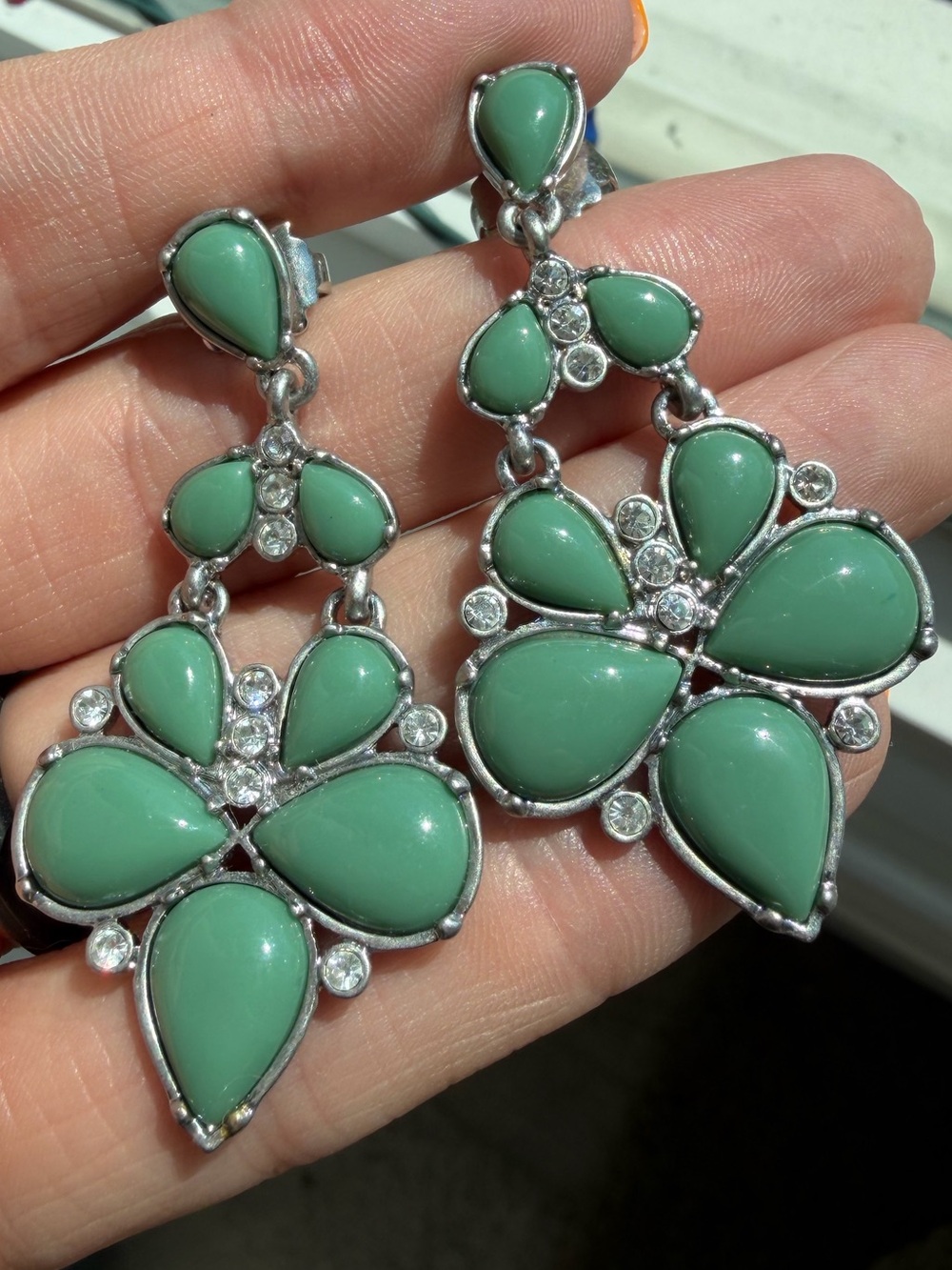 Lia Sophia Dangly Turquoise/Jade and Silver Earrings - Picture 3 of 4
